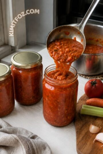 Házi bolognai alap befőttesüvegekben, paradicsomból, vöröshagymából, sárgarépából és szárzellerből